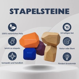 ELEVO nachhaltiges Motorikspielzeug aus Holz, 16 Stapelsteine (Natur) ab 3 Jahren, inkl. Aufbewahrungssäckchen, Montessori Holzspielzeug, Kinderspielzeug, Baby Spielzeug, Bausteine, Lernspielzeug