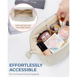 Bolsa de Maquillaje de Viaje, Algodón Acolchado, Neceser Grande para Mujer, Ligero y Resistente para Cosméticos, Viajes y Uso Diario (Beige)