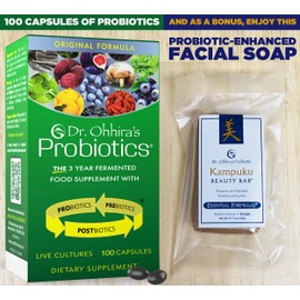 Dr. Ohhira's Probiotics Original Formula 100 Caps with Bonus Beauty Bar Soap Travel Size 20g - No Refrigeration Supplement for Women and Men, 13 Probiotic Strains