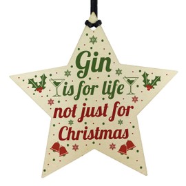 RED OCEAN Funny Gin Novelty Tree Bauble Decoration Wooden Star Secret Santa Gifts