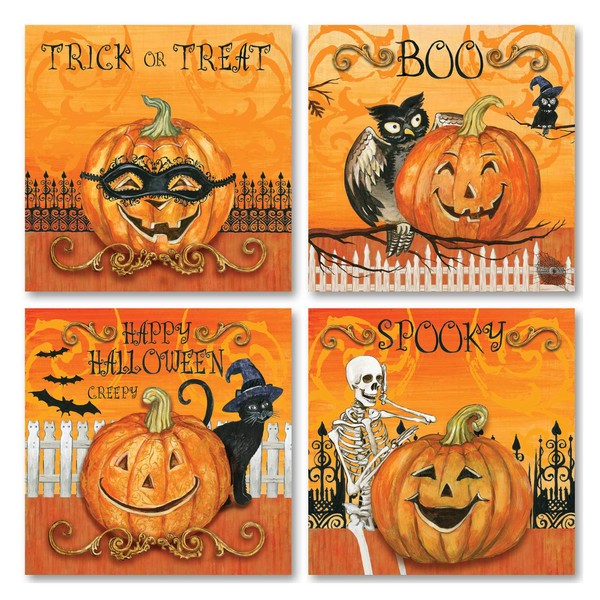 Gango Home Decor 4 Happy Halloween Jack O'Lanterns; Four 8x8