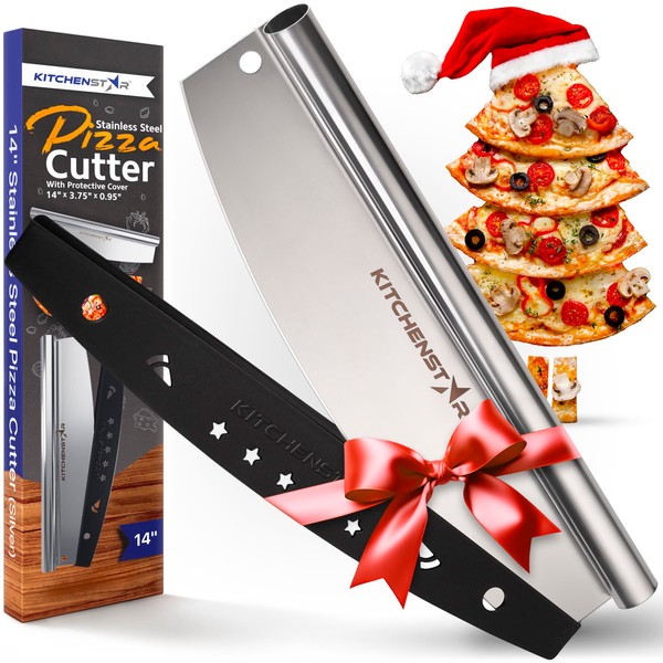 14" Pizza Cutter by KitchenStar | Sharp Stainless Steel Slicer Knife - Rocker Style w Blade Cover | Chop and Slices Perfect Portions + Dishwasher Safe – Premium Pizza Oven Accessories