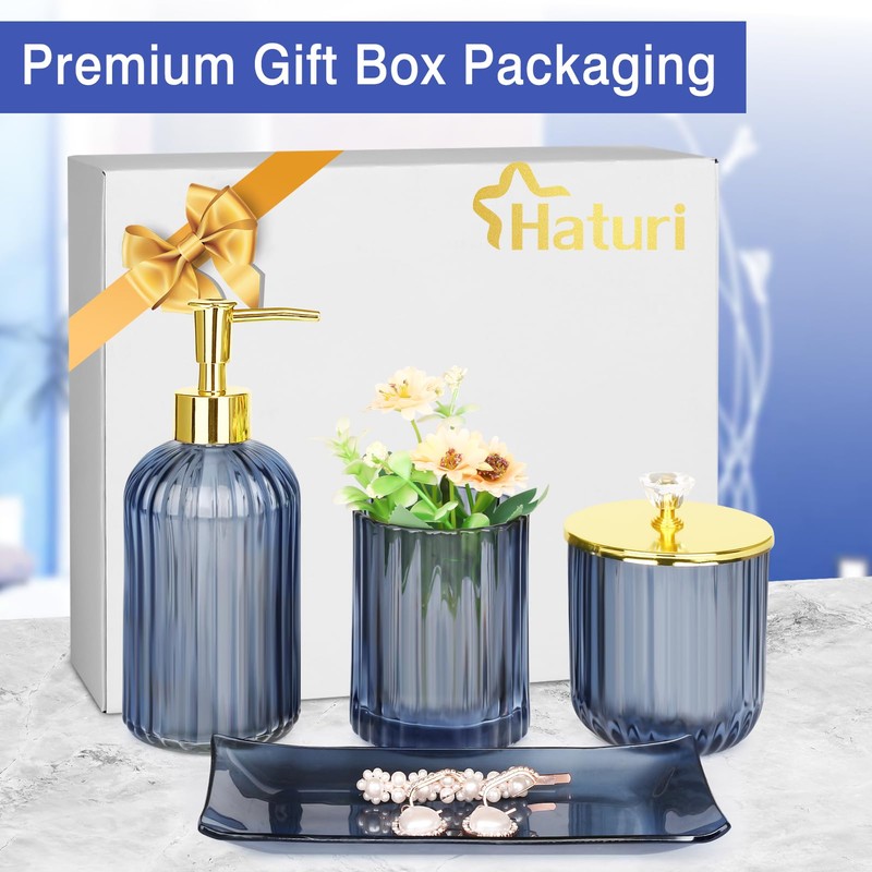 Haturi Bathroom Accessories Set, 4 Pcs Blue Glass Bathroom Accessories