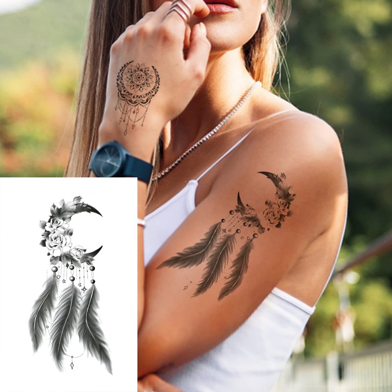 32Sheets Women Temporary Tattoo Sticker,Henna Feather Mandala Datura Flowers Temp
