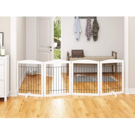 PAWLAND Extra Wide Dog gate for The House, Doorway, Stairs, Dog Fences Indoor, Freestanding Foldable Wooden Pet Gates for Dogs, Set of Support Feet Included, 96 in Wide 30 in Tall, 4 Panels White