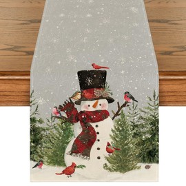 Artoid Mode Snowman Birds Trees Christmas Table Runner, Seasonal Silver Winter Holiday Kitchen Dining Table Decoration for Home Party Decor 13 x 48 Inch