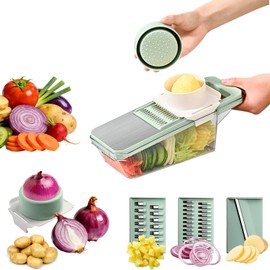 6 in 1 Mandoline Slicer, Hand Guard Vegetable Chopper Cutter with Container & Lid, 3 Replaceable Blades Multifunctional Veggie Dicer Slicer for Onion Potato Carrot, Kitchen Food Prep Gadget - Green