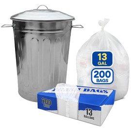 Plexon Silver Round Trash Can 13 Gallon, Vintage Metal Outdoor Trash Can with Lid Bundle with White 13 Gallon Trash Bags, 1.5 Mil, 200 Pack