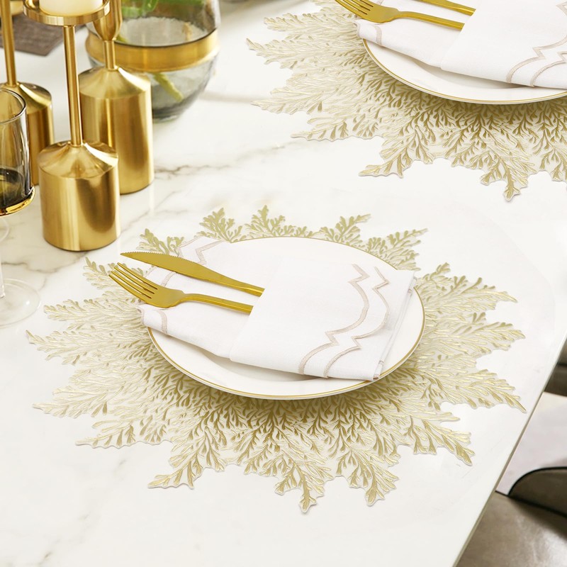 Gold Placemats Set of 6 Flower Pressed Vinyl Place Mats
