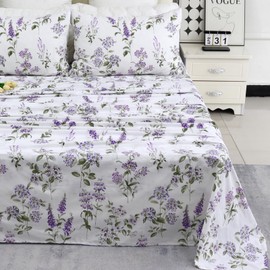 Helthep Floral Sheet Set Twin Size 100% Cotton Purple Floral Pattern Sheets Botanical Shabby Printed Sheets Luxury Percale Warm Sheets 17.5" Deep Pocket Sheets Colleye Bedding, 4Pcs