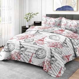 Pamnest Quilt Set Full/Queen Size, Paris Vintage Eiffel Tower 3 Pcs Soft Bed Cover Bedding Set for Kids and Adults, France Old Iron Lightweight Bedspread Coverlet with Pillow Sham for All Season