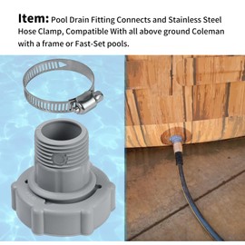 Vsttar Swimming Pool Drain Fitting Connects Fit for Coleman Pools, ID1.5-inch Connect To The Bottom Of The Pool, OD1.0-inch, Internal Thread 3/4-inch with SS Hose Clamp Connect To The Garden Pipe