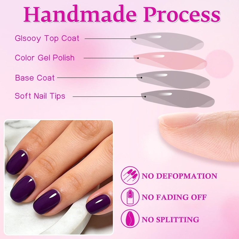 240PC Extra Short Press on Nail Square Dark Purple Fake
