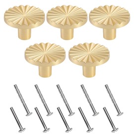Gold Knobs, Gold Handles for Drawers, 5Pcs Brass Door Handle for Kitchen Cupboards & Drawers, Golden Door Knobs with 2 Types of Screws, Easy Install Golden Handles for Cabinets and Wardrobes