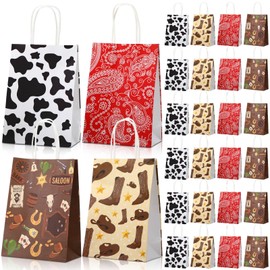 Marspark 24 Pcs Western Cowboy Party Favor Gift Bags Rustic Hat Boots Paisley Goodies Treat Paper Totes with Handle for Birthday Christmas Party, 4 Styles