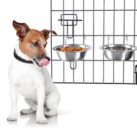 Set of 2 Stainless-Steel Dog Bowls - Cage, Kennel, and Crate Hanging Pet Bowls for Food and Water - 8oz Each and Dishwasher Safe by PETMAKER, Silver