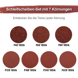 Sztaoip Sandpaper 125 mm Velcro, 70 Pieces Sanding Discs Set 10 x 40/60/80/120/180/240/320 Grit 8 Holes Round for Random Orbital Sanders