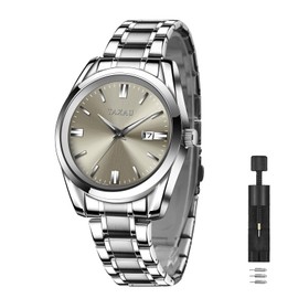 Taxau Mens Silver Watch Dress Large Wrists Watches for Man Analog Quartz Adjustable Band Grey Classic Mens Water Resistant Watches with Date