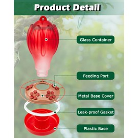 Petbank Hummingbird Feeders for Outdoors, 33OZ Glass Hummingbird Feeder with 5 Feeding Port and Perch, Hand Blown Glass Hummingbird Feeder with Ant Moat Hanging Hook, S Hook, Rope, Brush (Red)