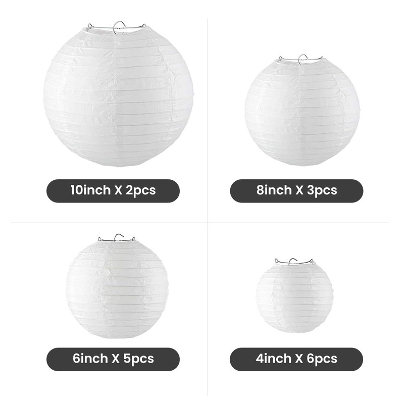 16 Pcs Paper Lanterns, Different Sized white Round Paper Lanterns