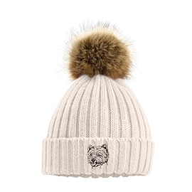 The House Of Dog: Westie West Highland White Terrier Owner Gift. Faux Fur Pom Pom Chunky Knit Super Soft Unisex Embroidered Beanie Hat Oatmeal