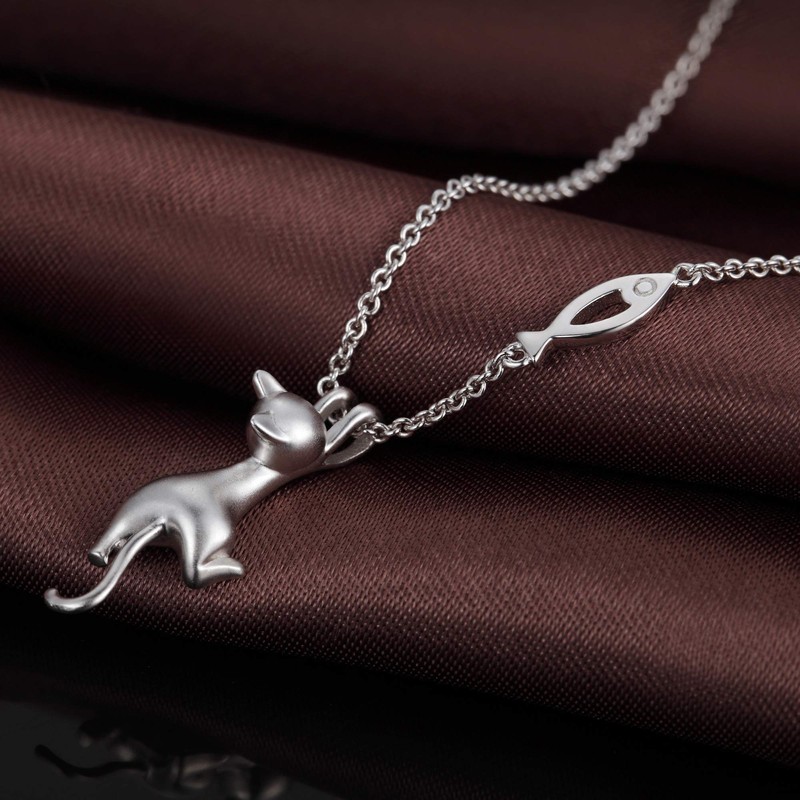 Jiamiaoi Women's Cat Necklace, Sterling Silver Cat Pendant, Jewellery, Silver