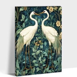 TIMUBA William Morris White Crane Wall Art Framed - William Morris Vintage Botanical Floral Animal Wall Art For Living Room, Art NouveauCanvas Print Wrapped, Pine Wood Frame 18''x24''