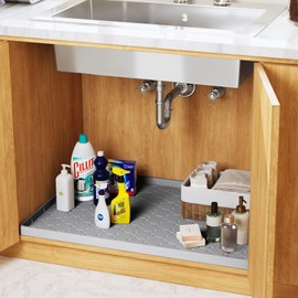 Waterproof Under Sink Mat, 31'' x 22'', Silicone Under Sink Liner for Kitchen Bathroom, Under Kitchen Sink Organizers and Storage, Cabinet Shelf Protector, Flexible Under Sink Drip Tray, Light Grey