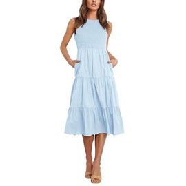 Atizon Womens Summer Sleeveless Dresses with Pockets Smocked Tiered Midi Beach Sundress Light Blue