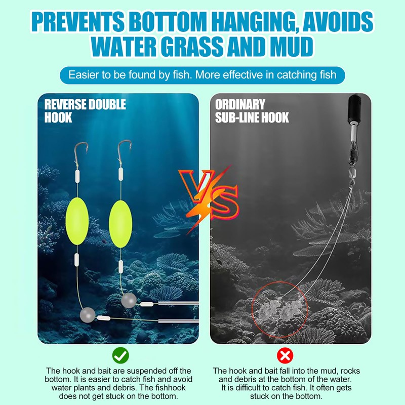 deegbbyi Pack of 5 Double Hook Reverse Bottom Rig, Fishing