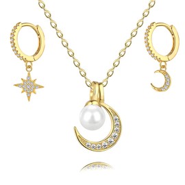 Fibonacci's 925 Sterling Silver & 18K Yellow Gold Crescent Moon and Natural Pearl with Cubic Zirconia Pendant & Chain Necklace and earrings with Luxury Gift Box