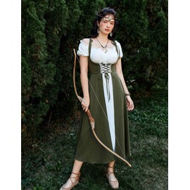 Scarlet Darkness Women Ren Faire Costume Peasant Medieval Over Dress Lace Up Dress Army Green L