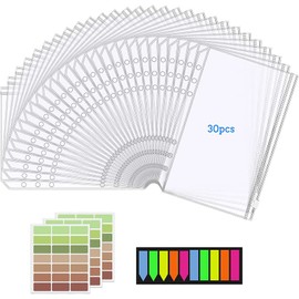 A5 Binder Bags Set, Includes 30 x 6 Holes Binder Zip, Waterproof Zip Loose Leaf Folder with Stickers, Budget Envelopes for Documents, Notebooks, Cards, Cash, Photos