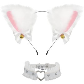 QHQ-SHININGLIFI Cute Cat Ears Headband Cosplay Accessory Set, and Leather Choker With Heart Buckle & Lace, for Fox Wolf Animal Party or Romantic Date, Soft Faux Fur Plush, White; BMN
