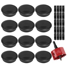 GHVACZS Pack of 12 Cable Grommet Desk, Round 60 mm Cable Pass Outlet, Plastic Cable Guide Table, Cable Outlet Box with 1 Hole Saw and 20 Retaining Clips for Desks