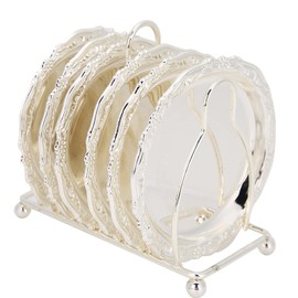 Coasters Set of 6, 10cm European Style Retro Metal Coaster with Holder, Non Slip Cup Mats Tabletop Display for Home, Bar, Kitchen, Coffee Table Decoration(Silver)