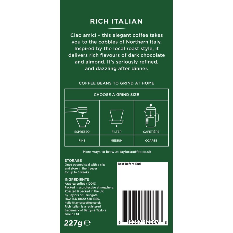 Taylors of Harrogate Rich Italian Beans Roast Coffee, 227g