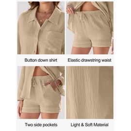 Yutdeng Women's 2 Pieces Outfit Summer Ladies Tracksuit Button Down Long Sleeve Shirts Shorts Sets Loungewear Muslin Blouse Top Shorts with Pockets Beach Holiday Lounge Wear Sets,Khaki,L