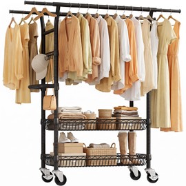 SOLEDI Heavy-Duty Clothes Rack, 1000 LBS clothing rack with wheels Load Capacity Double Rod Clothing Rack with Shelves & Lockable Wheels, Suitable for Bedroom, Entryway, Living Room & Garage (black)