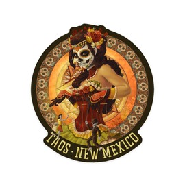 Die Cut Sticker Taos, New Mexico, Day of The Dead, Marionettes, Vinyl Sticker 3 to 6 inches, (Waterproof Decal for Cars, Water Bottles, Laptops, Coolers), Large