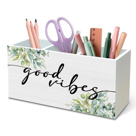 DILSJ Inspirational Sage Green Eucalyptus Pen Pencil Holder Organizer for Desk, Motivational Gifts for Women, Good Vibes Positive Wooden Box Signs for Home Office Desk Tabletop Decoration