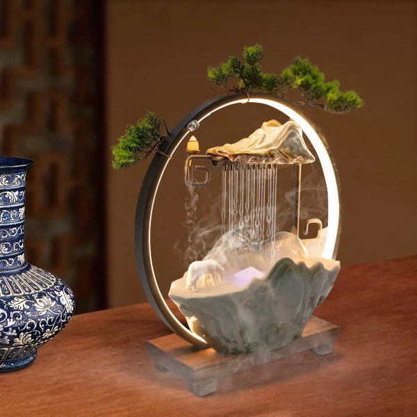 Water Fountain LED Tabletop Indoor Fake Plants Waterfall Zen Decor