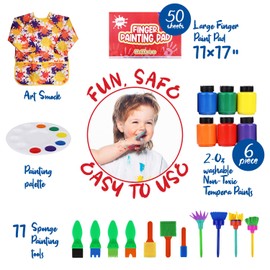 J MARK Complete Toddler Washable Finger Paint Set, Sponge Painting Tools, Large Finger Paint Pad, Tempera Finger Paints, Smock and More