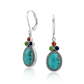 South Western Style Stabilized Turquoise Oval Lapis Coral Lever Back Dangle Drop Earrings For Women .925 Sterling Silver