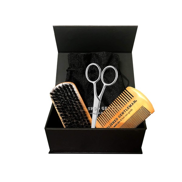 Beard Brush Set With Comb and Scissors Set for Men - Natural Boar Bristle Brush, Durable Wooden Comb Grooming Kit - Maintains Soft, Shiny, Smooth Facial Hair - Mustache Straightening and Shaping Tools