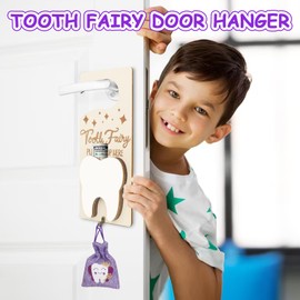 AINBIN 3PCS Tooth Fairy Tooth Holder, Tooth Fairy Door Hanger with Money Slot, Keepsake Bottle & Burlap Pouch for Lost Teeth, Encourage Gift for Boys Girls (Purple)