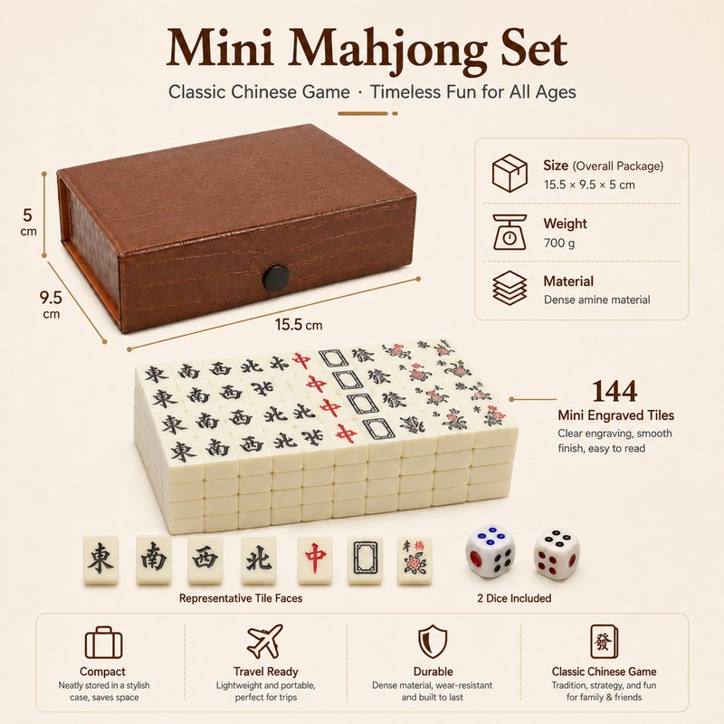 144-Tile Mini Chinese Mahjong Set with Storage Case & Dice