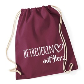 HUURAA Gym Bag Caregiver with Heart Backpack Cotton 12 Litres with Motif for the Greatest People Gift Idea for Friends and Family, burgundy