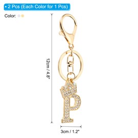 [PATIKIL] Initial Letter Key Chain 2pcs Letter P Crown Desert Charm Crystal Diamond Decorated Bag Backpack DIY Craft Decorative Alphabet Pendant Golden Color Silver
