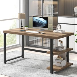 FOLUBAN Computer Desk, Wood and Metal Home Office Desk with Storage Shelves, Small Study Writing Table Workstation for Bedroom Living Room, Rustic Oak, 47 Inch